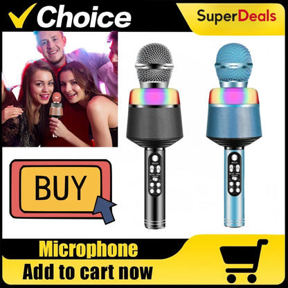 Professional wireless karaoke microphones in black and blue with rainbow speaker sections on a machine featuring surround sound that surpasses ordinary microphones