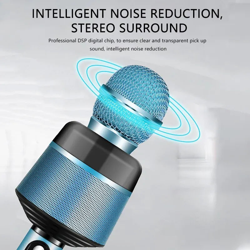 Professional wireless karaoke microphone in blue and black with mesh grille and surround sound surpasses ordinary microphones