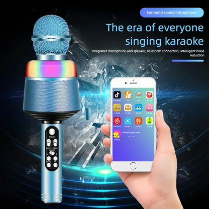 Blue professional wireless karaoke microphone with mesh grille and rainbow led ring for machine featuring surround sound
