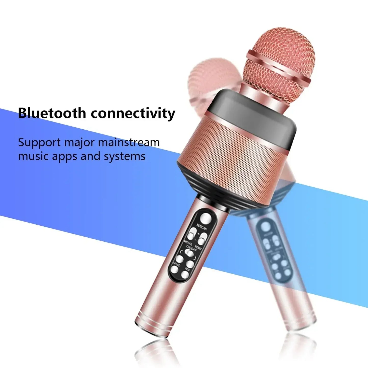 Rose gold professional wireless karaoke microphone with mesh grille and control buttons, machine featuring surround sound surpasses ordinary microphones