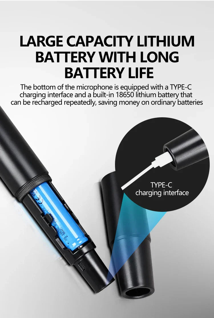 Black cylindrical professional wireless microphone with built-in blue 18650 battery and type-c charging for home karaoke ktv and performance singing