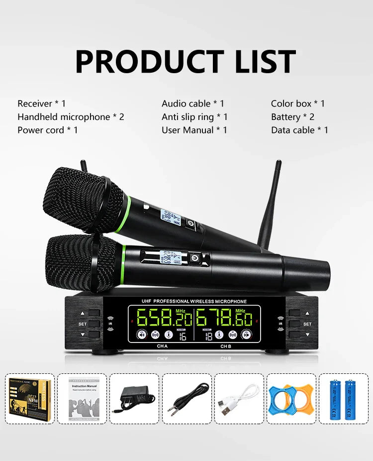 Black professional wireless microphone system with green accent rings and digital display for home karaoke ktv and performance singing
