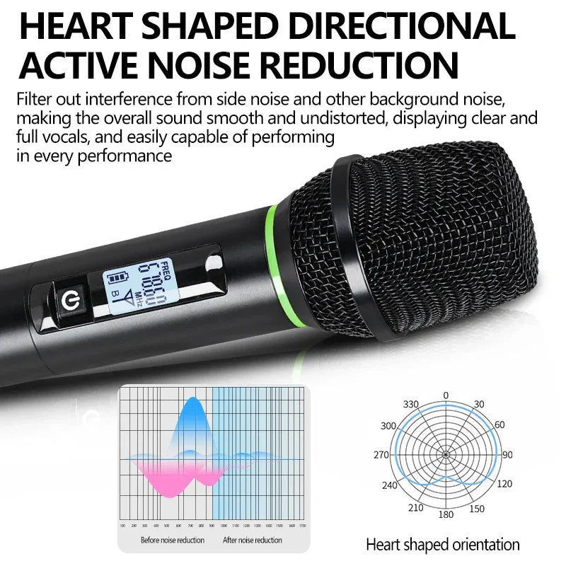 Professional wireless microphone black with heart-shaped directional pattern and green ring for home karaoke ktv performance singing
