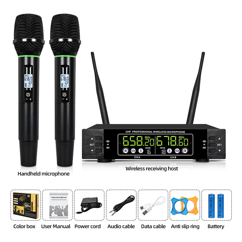 Black professional wireless microphone set with two handheld mics and receiver for home karaoke ktv performance singing microphone
