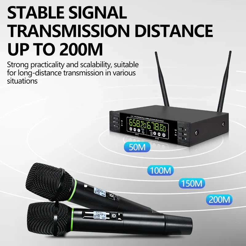 Black professional wireless microphone system with two handheld mics and dual antenna receiver for home karaoke ktv performance singing