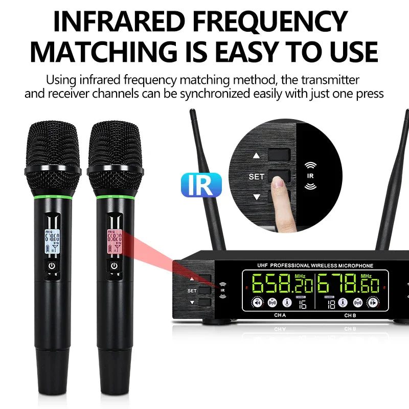 Black professional wireless microphone system with two handheld transmitters and digital display for home karaoke ktv singing