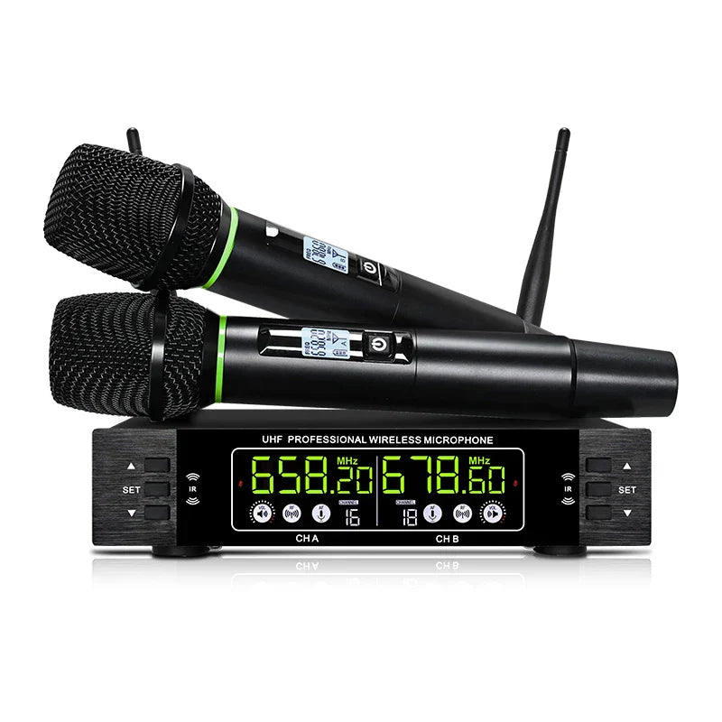 Professional wireless microphone system in black with two handheld mics and receiver for home karaoke ktv and performance singing