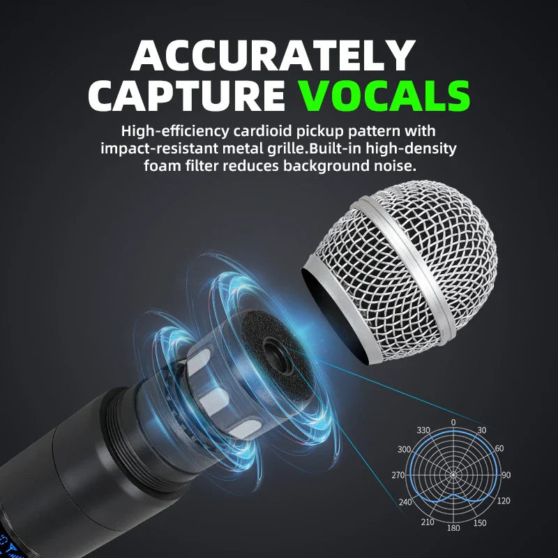 Silver mesh-capped dynamic handheld microphone with black body and metal grille for professional wireless uhf karaoke singing