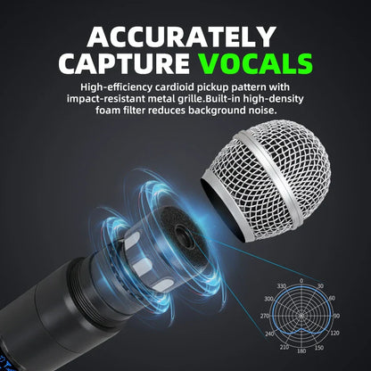 Silver mesh-capped dynamic handheld microphone with black body and metal grille for professional wireless uhf karaoke singing