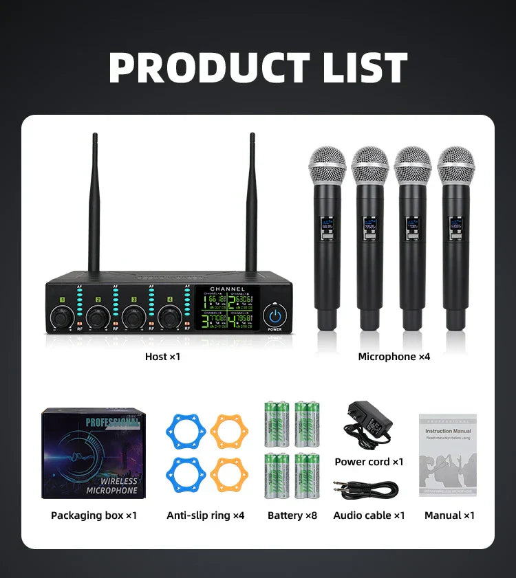 Professional wireless microphone system with four black dynamic handheld microphones and uhf karaoke singing receiver unit