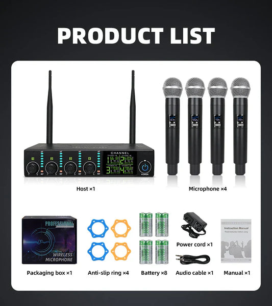 Professional wireless microphone system with four black dynamic handheld microphones and uhf karaoke singing receiver unit