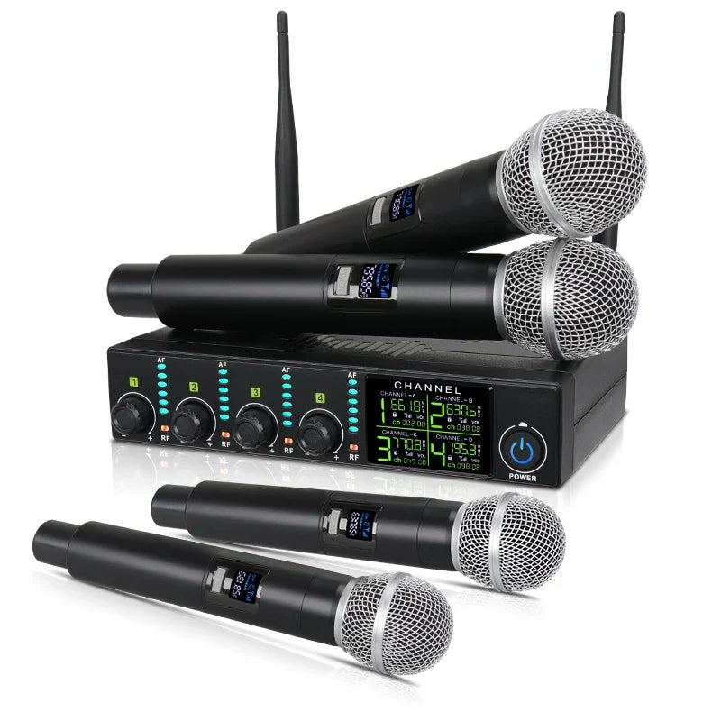 Professional wireless microphone system in black with silver mesh grilles and digital display for uhf karaoke singing use
