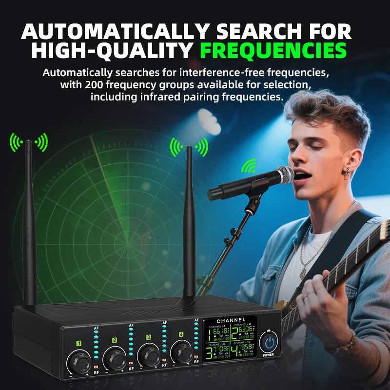 Black professional wireless microphone receiver with two antennas and digital display for uhf karaoke singing performance