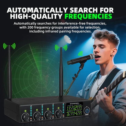 Black professional wireless microphone receiver with two antennas and digital display for uhf karaoke singing performance