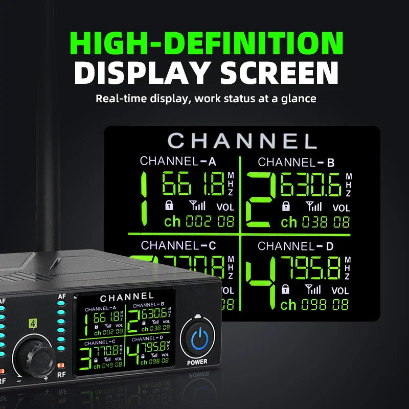 Black professional wireless microphone receiver with digital display showing uhf karaoke singing channel frequencies in green text