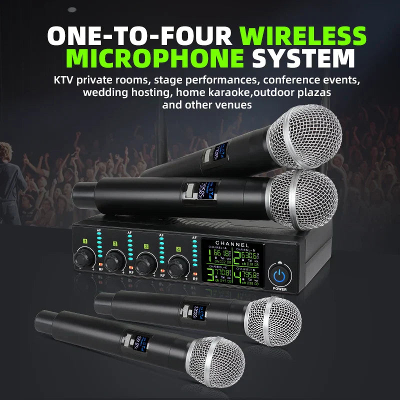 Professional wireless microphone system with silver mesh grilles and digital display for uhf karaoke singing performance