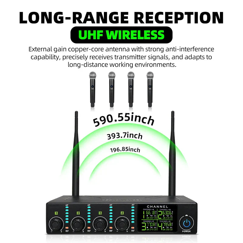 Black uhf wireless receiver with two antennas and digital display for professional wireless microphone and uhf karaoke singing use