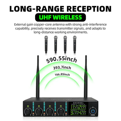 Black uhf wireless receiver with two antennas and digital display for professional wireless microphone and uhf karaoke singing use