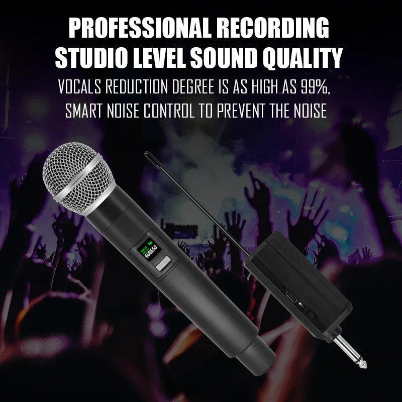 Black professional wireless microphone with silver mesh grille and digital display paired with 4 channels karaoke handheld receiver for type beat music