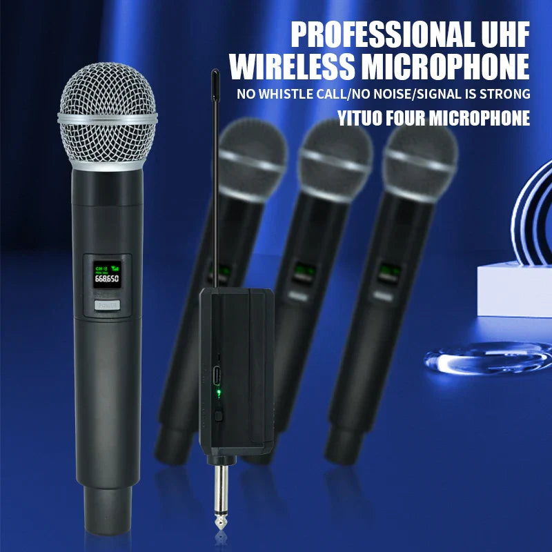 Black professional wireless microphone with silver mesh grille digital display for channels karaoke handheld type beat music use