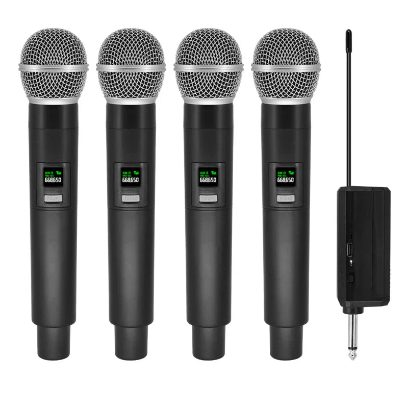 Professional wireless microphone set with four black channels karaoke handheld mics and receiver for type beat music use