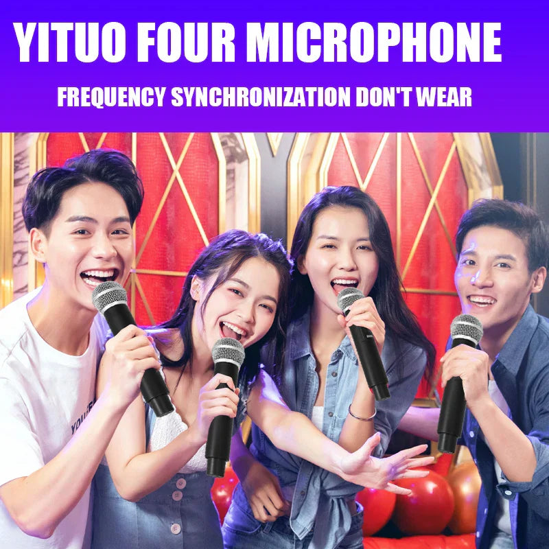 Yituo professional wireless microphone four channels karaoke handheld set with black silver metallic finish for type beat music