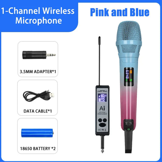 Professional wireless microphone with pink and blue gradient mesh grille digital display for live singing microphone high fidelity noise reduction