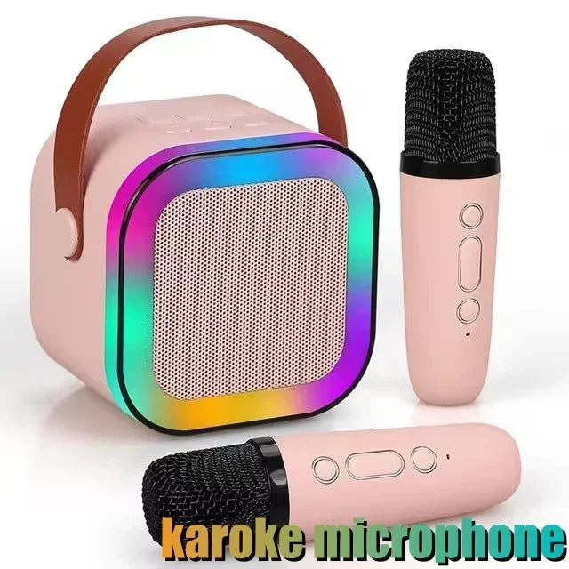 Pink professional wireless microphones with brown leather handle bluetooth speaker and rainbow led for gaming ktv koraoke use
