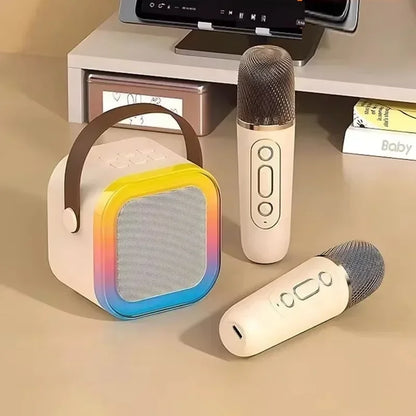 White portable bluetooth speaker with rainbow led light ring and brown handle for professional wireless microphones and gaming ktv koraoke with noise reduction microphone