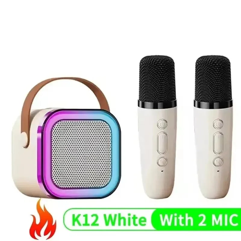 White portable bluetooth speaker with brown leather handle and colorful led lighting for gaming ktv koraoke with noise reduction microphone