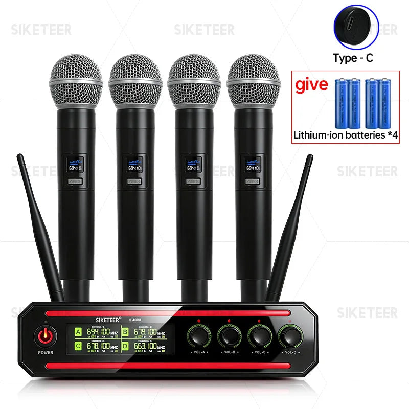 Black professional wireless microphones handheld with four mics receiver digital display volume controls and lithium-ion batteries