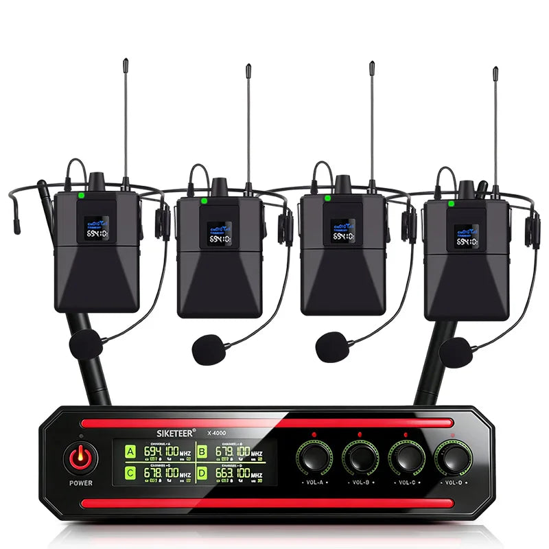 Professional wireless microphones black wireless lavalier system with four transmitters and receiver for karaoke church weddings