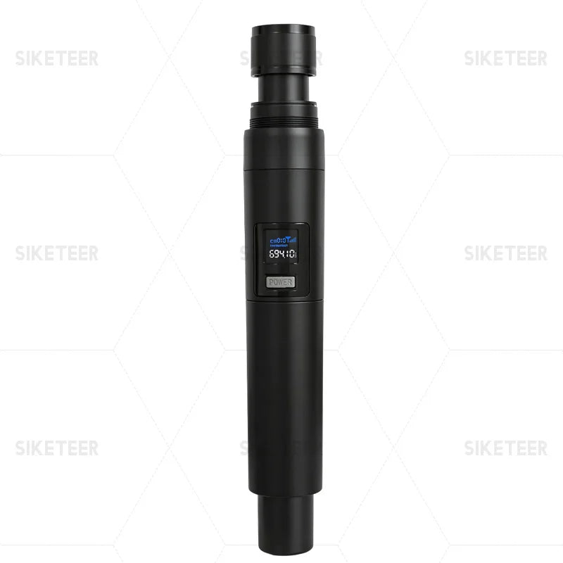 Black professional wireless microphone handheld with digital display showing frequency and power button for karaoke weddings and church use