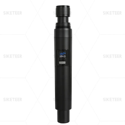 Black professional wireless microphone handheld with digital display showing frequency and power button for karaoke weddings and church use
