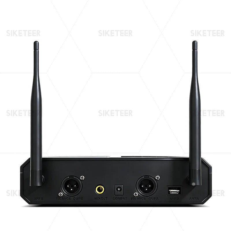 Black wireless microphone receiver with two antennas and multiple audio ports for professional wireless microphones handheld and lavalier microphones suitable for karaoke church and weddings