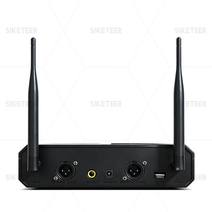 Black wireless microphone receiver with two antennas and multiple audio ports for professional wireless microphones handheld and lavalier microphones suitable for karaoke church and weddings