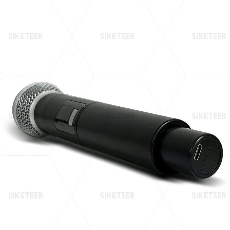 Black wireless microphones handheld with silver mesh grille and usb-c port suitable for professional wireless microphones and lavalier microphones suitable
