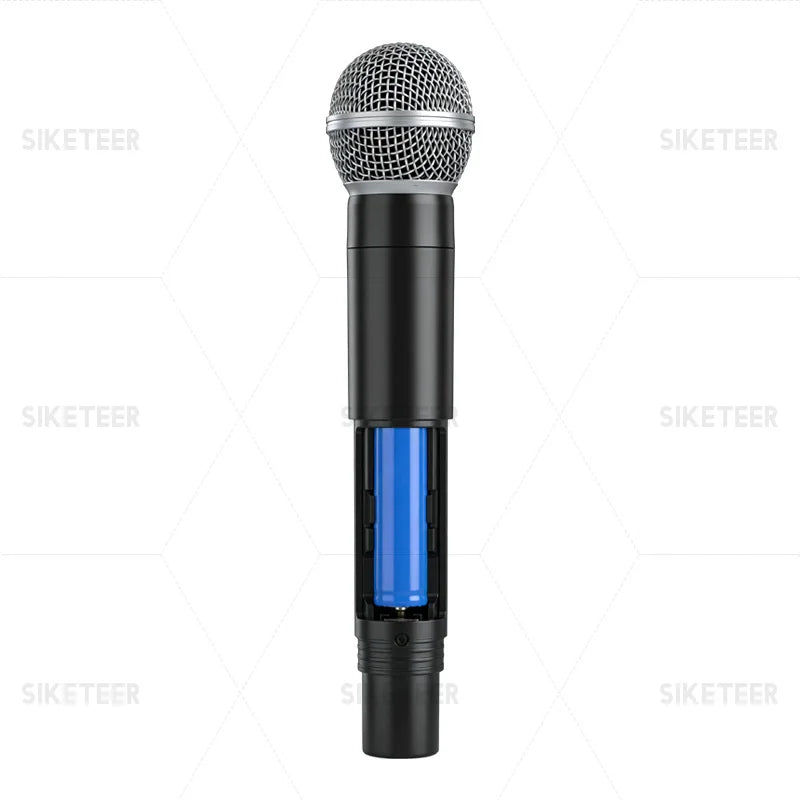 Black professional wireless microphone handheld with silver mesh grille and blue battery compartment for karaoke and weddings