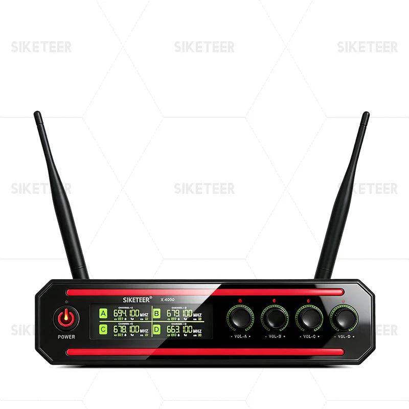 Black and red siketeer x4000 professional wireless microphones receiver with digital display and four volume knobs for karaoke and weddings