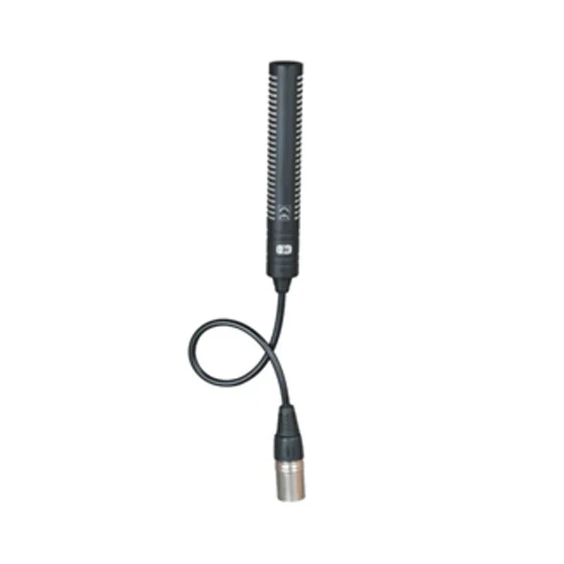Black condenser microphone with ribbed grille and professional xlr 3pin connector for camera interview use with 48v phantom power