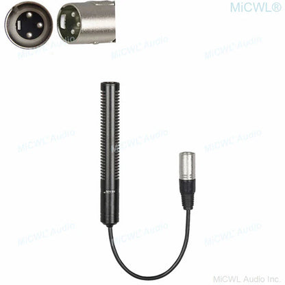 Black cylindrical professional xlr 3pin camera interview microphone with silver xlr connector and 48v phantom power