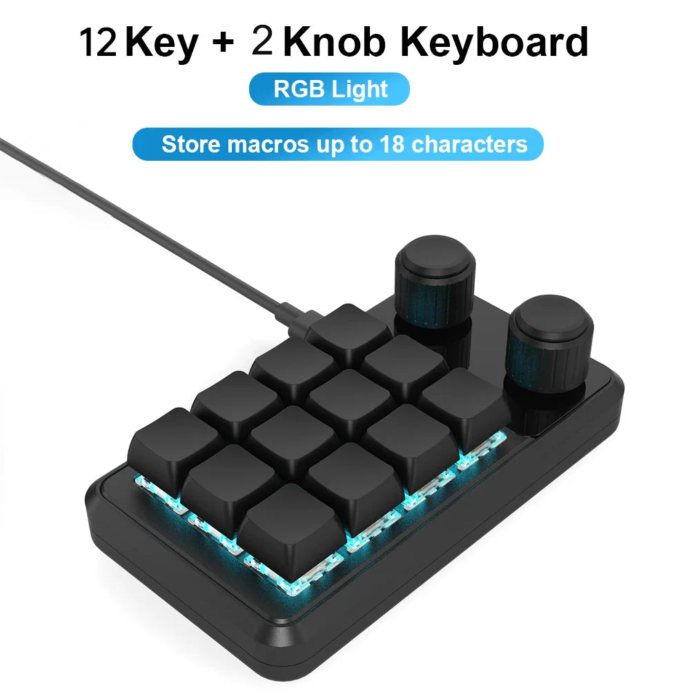 Black 12-key programming macro custom keyboard with two knobs rgb lighting mini button photoshop gaming keypad mechanical design