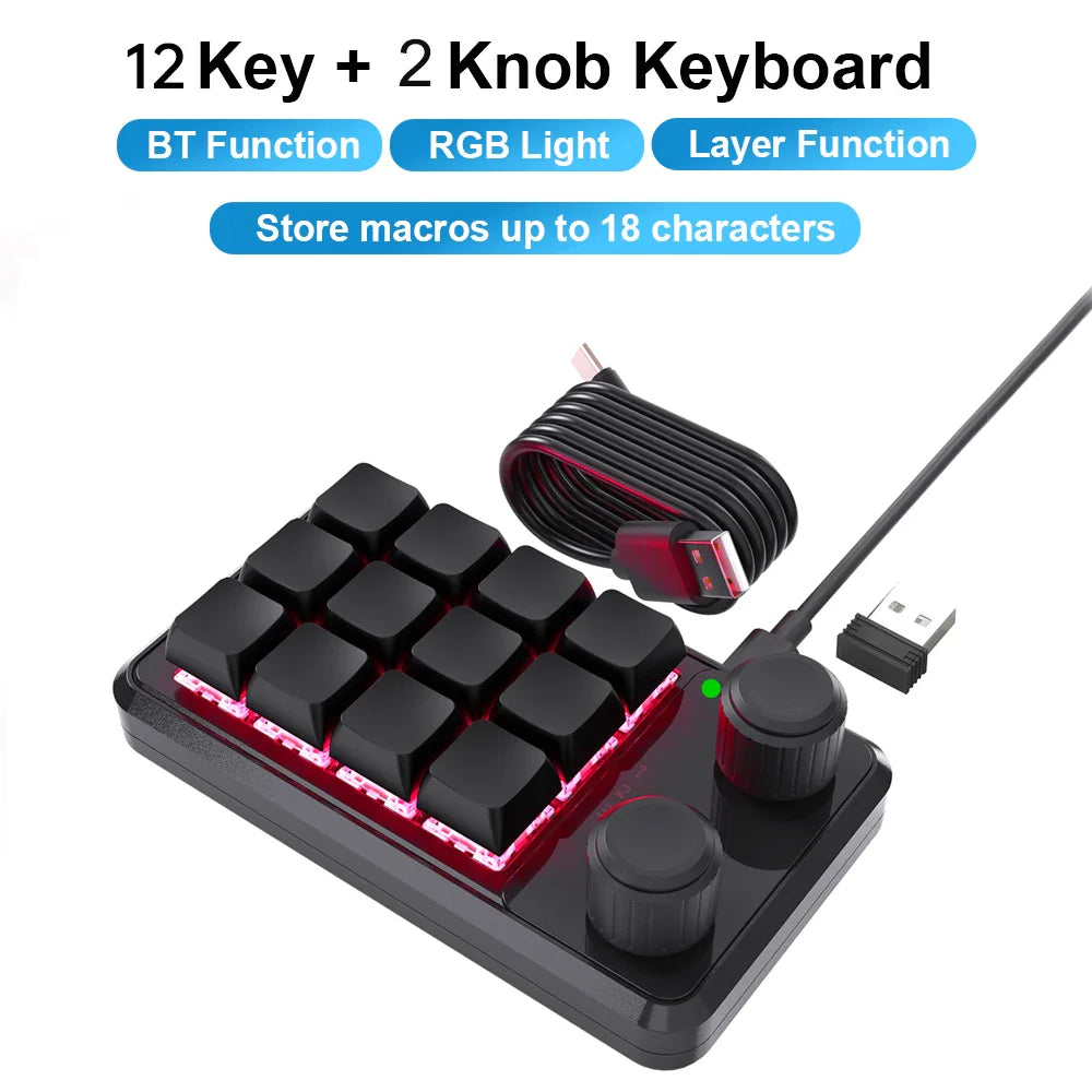 Black 12-key programming macro custom keyboard with rgb lighting and two rotary knobs for gaming keypad mechanical use