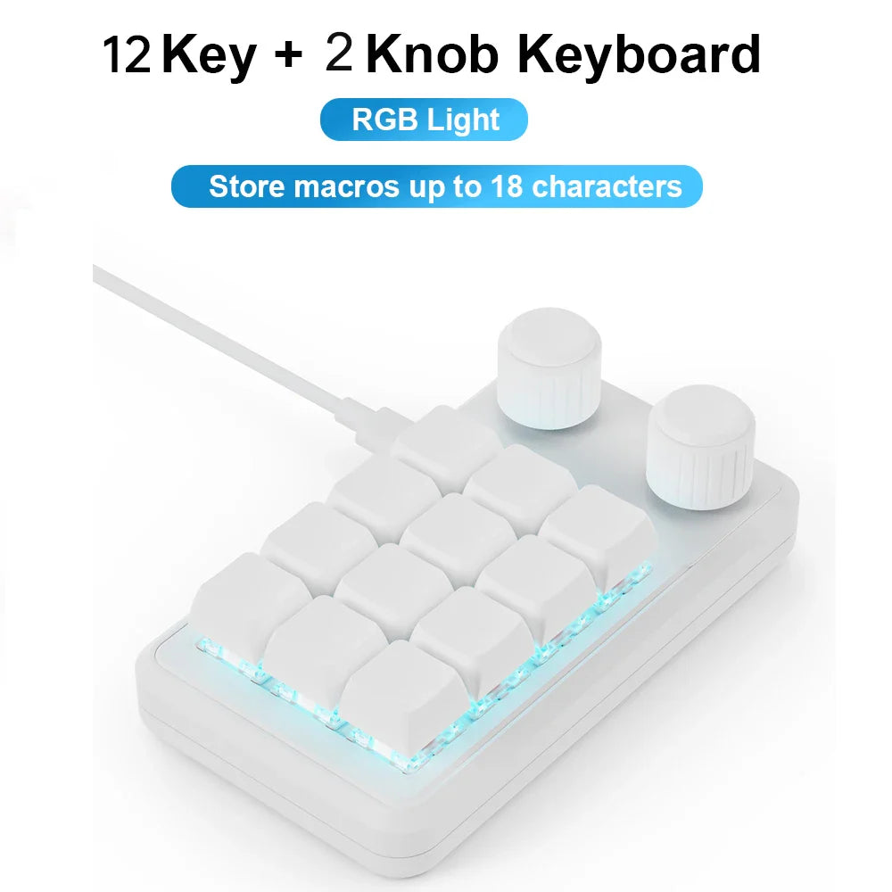 White 12-key programming macro custom keyboard with rgb lighting and two white knobs for gaming keypad mechanical use