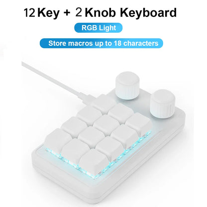 White 12-key programming macro custom keyboard with rgb lighting and two white knobs for gaming keypad mechanical use