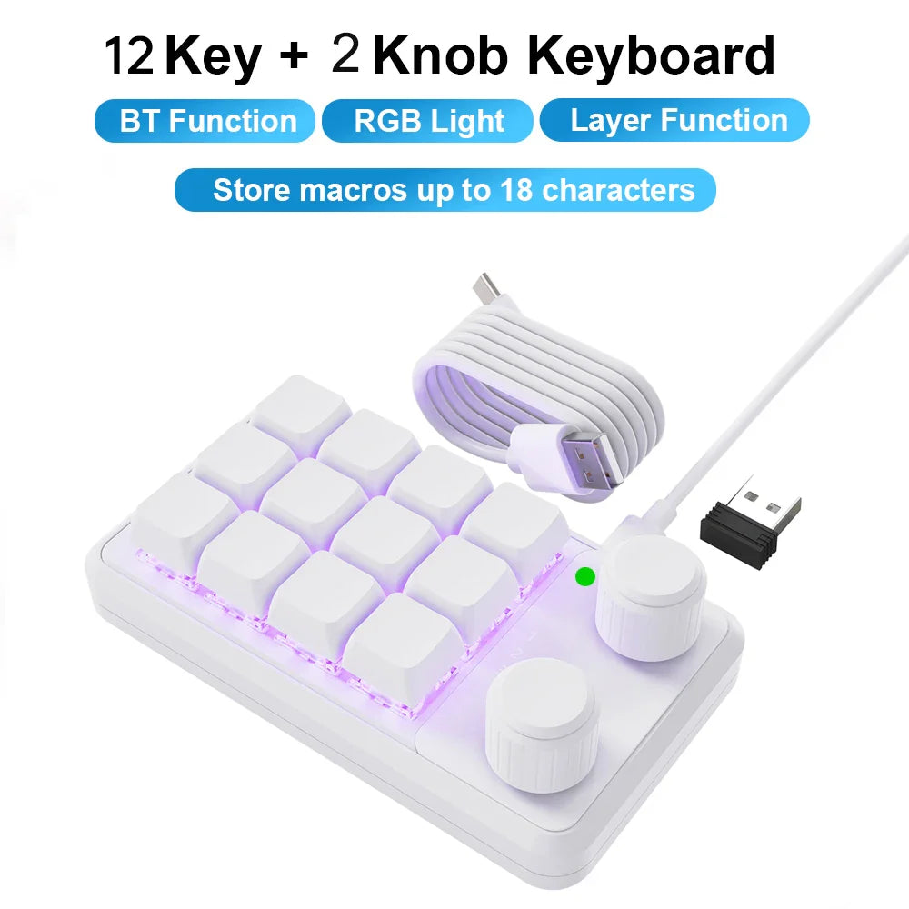 White 12-key programming macro custom keyboard with two knobs rgb backlighting and bluetooth gaming keypad mechanical hotswap
