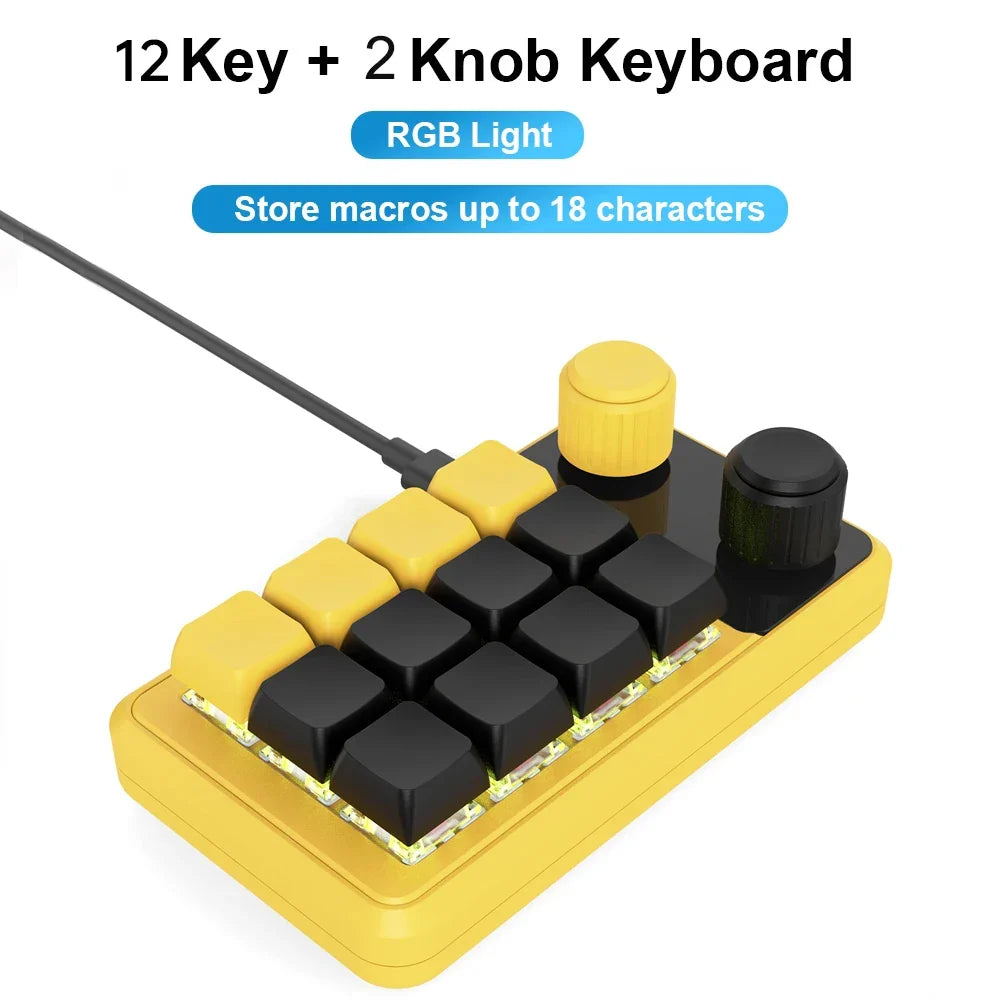 Yellow and black 12-key programming macro custom keyboard with two knobs rgb lighting for gaming keypad mechanical use