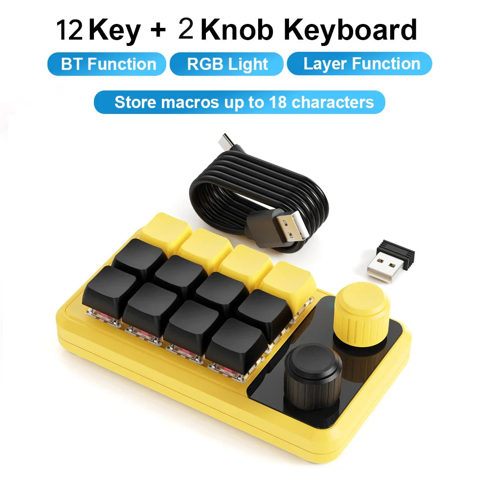 Yellow 12-key programming macro custom mechanical keyboard with black keys rgb lighting and two knobs for gaming keypad use