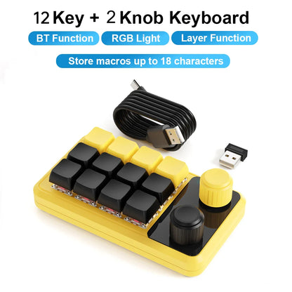Yellow 12-key programming macro custom mechanical keyboard with black keys rgb lighting and two knobs for gaming keypad use