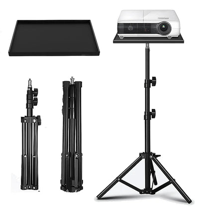 Black adjustable projectors tray with flat tray height adjustable platform and telescopic rod standing tripod base holding white projector